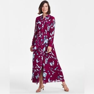 Elegant Floral Pleated Maxi Dress in Burgundy and Blue